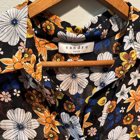 Sandro Paris Reyes Floral Button-Front Sheer Smock Dress in Black & Mustard - Picture 2 of 16